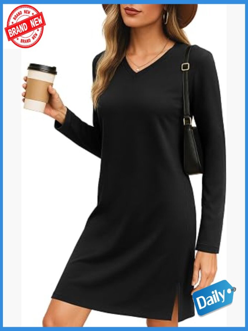 Long Sleeve V Neck Tshirt Dress Side Split Pockets A-Line Knee Length Soft